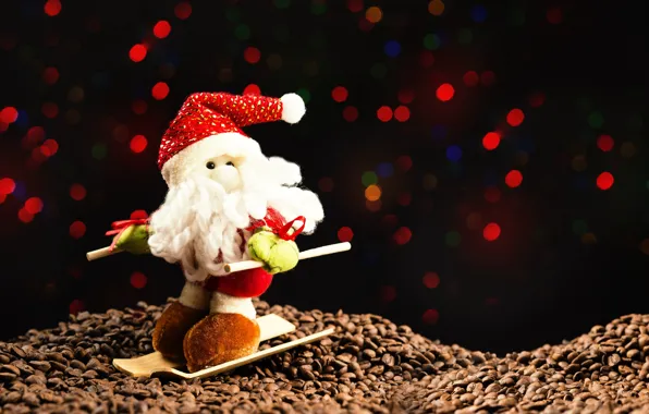 Winter, the dark background, holiday, toy, ski, coffee, lights, Christmas