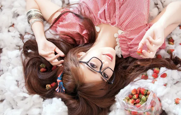 Girl, strawberry, Asian