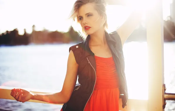 Girl, dress, jacket, blonde, railings