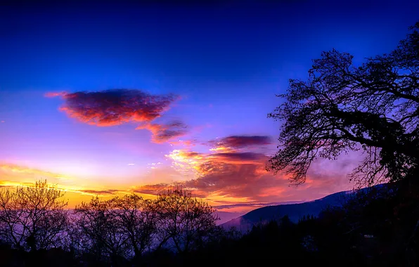 The sky, clouds, trees, mountains, silhouette, glow