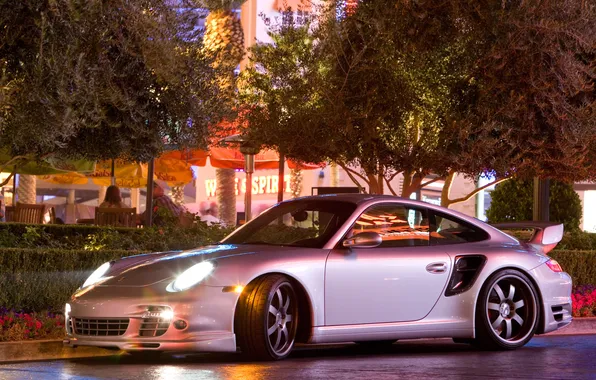The city, lights, the evening, 911, turbo, porsche