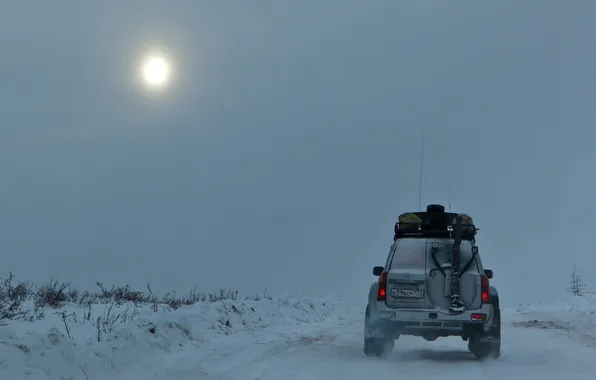 Cold, road, machine, frost, North, the sun in the mist