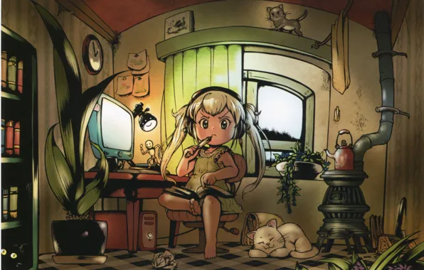 Picture cat, computer, table, room, watch, plant, lamp, window