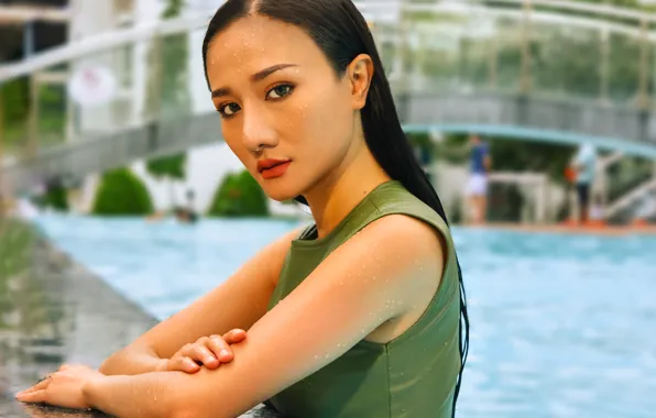 Girl, drops, face, hair, pool