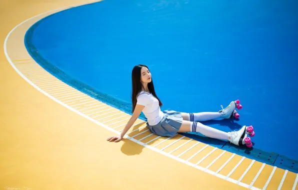 Summer, girl, face, hair, skirt, videos, legs, sitting