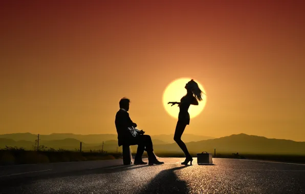 Picture girl, sunset, music, dance, guy, silhouettes