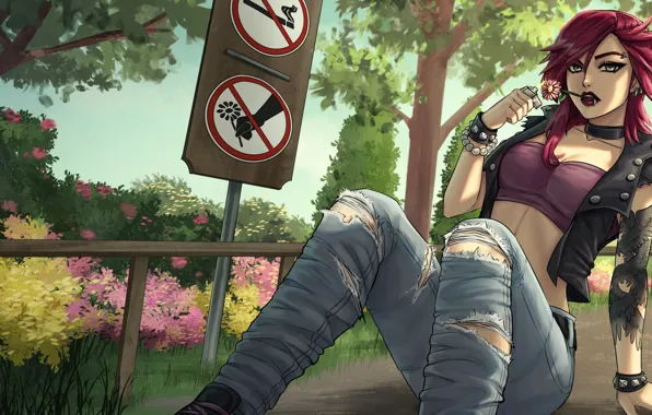 Picture girl, flowers, sign, jeans, lighter, tattoo, red
