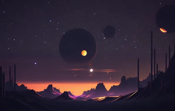 Wallpaper mountains, AI art, purple background, desert, another world, planets, haze, night
