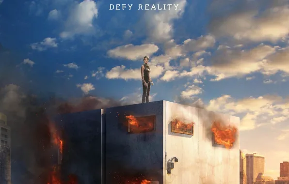 City, fire, flame, girl, woman, clouds, revolution, buildings