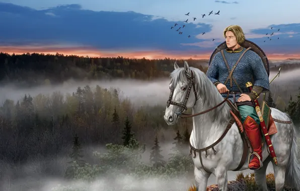 Picture Horse, Forest, Sword, Mail, Shield, Ancient Rus, Slavic Warrior