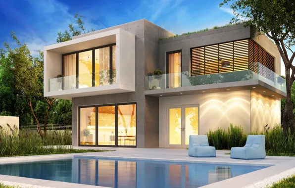 Design, house, lawn, Villa, pool, modern, houses, villa