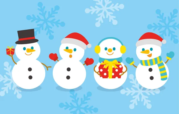 Snowflakes, box, gift, graphics, hat, Christmas, New year, snowmen