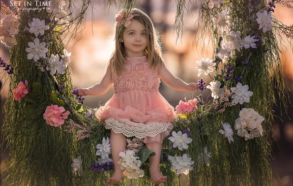 Picture grass, flowers, nature, swing, girl, child