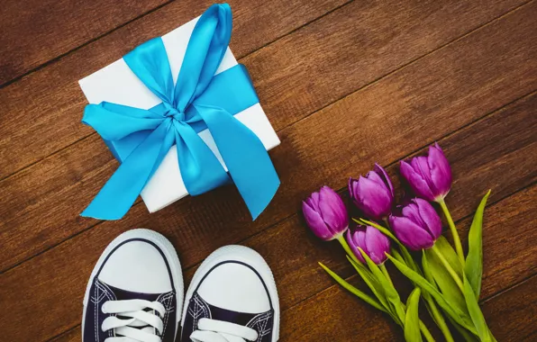 Flowers, gift, sneakers, bouquet, tape, tulips, wood, flowers