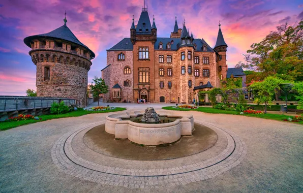 Sunset, castle, tower, Germany, fountain, architecture, Germany, Saxony-Anhalt