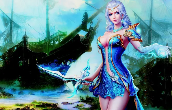 Girl, decoration, magic, ship, fantasy, art, dagger