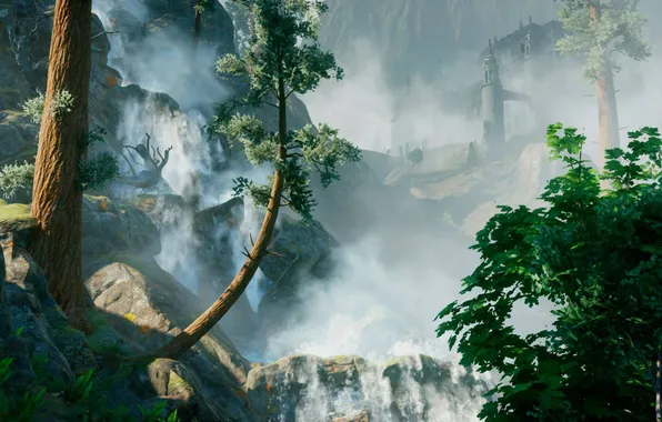 Picture forest, trees, mountains, nature, castle, waterfall, art, dragon age inquisition