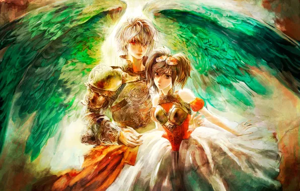 Picture girl, wings, armor, anime, art, pair, guy, two