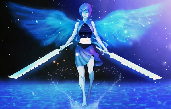 Look, water, girl, drops, wings, sword, anime, art