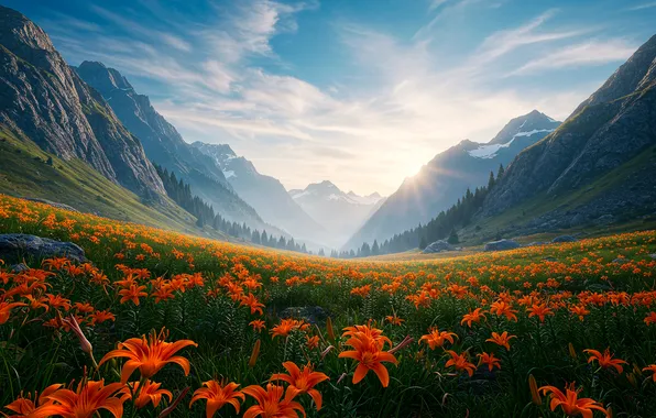 The sky, clouds, mountains, Lily, valley, sky, mountains, clouds