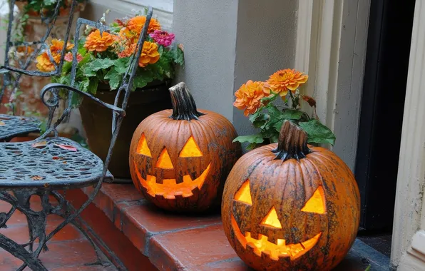 Flowers, chairs, garden, the door, pumpkin, pumpkin, Halloween, Halloween