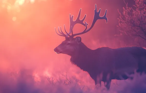 Branches, nature, fog, dawn, deer, morning, haze, horns