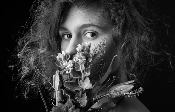 Girl, flowers, portrait, Michael Shestakov, monochrom, magic black and white photo of