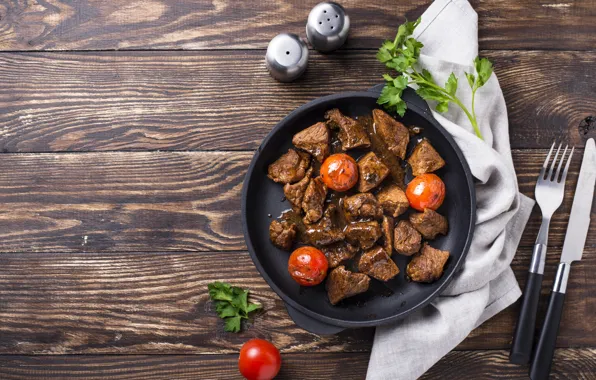 Greens, meat, tomato