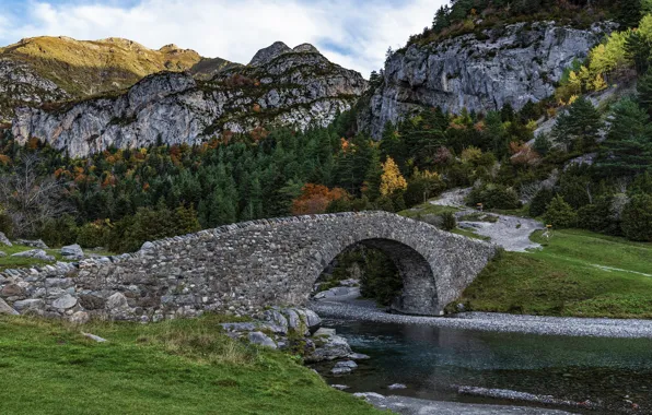 Autumn, forest, mountains, bridge, river, rocks, shore, arch