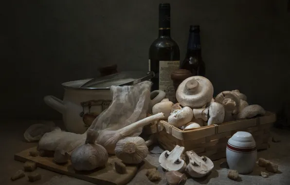 Table, wine, mushrooms, pan, bottle, still life, box, slices
