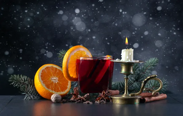 Snowflakes, glass, table, background, fire, holiday, orange, candle