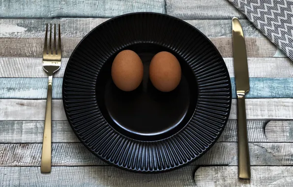 Smile, table, Board, eggs, plate, knife, black, plug