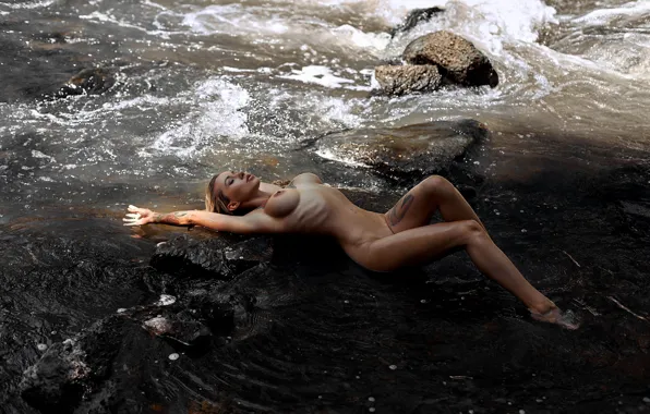 Chest, girl, pose, stones, model, naked, body, wet