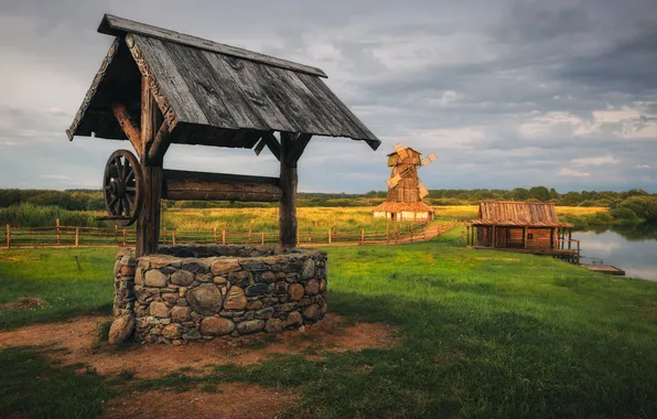 Clouds, green grass, horizon, structure, Andrew, windmill, The old well