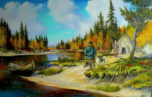 Picture nature, river, dog, art, hunter, Andrey Lyakh