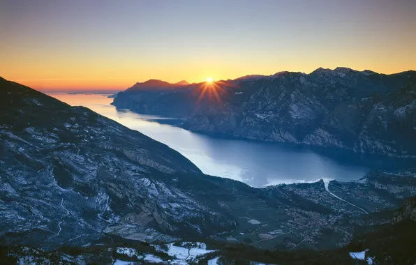 Sea, landscape, mountains, dawn