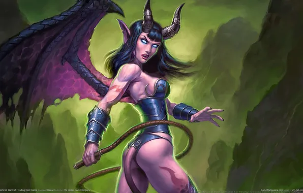 Mountains, wings, the demon, tail, horns, WoW, whip, World of warcraft