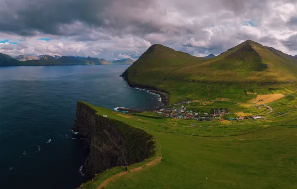 The sky, water, clouds, house, mountain, Shore, settlement
