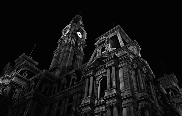 Night, black and white, Chapel, Architecture, Philadelphia, PA