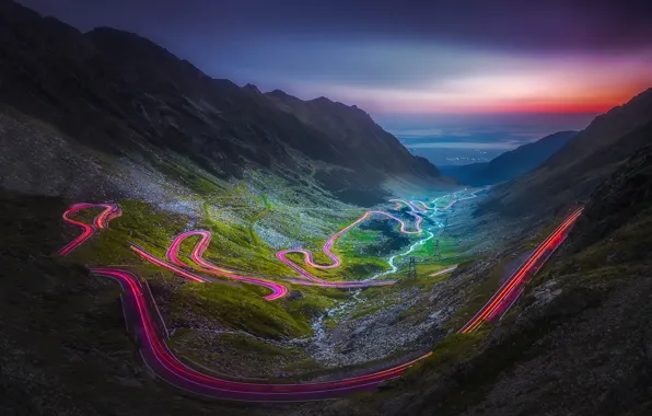 Road, light, mountains, lights, the evening, excerpt, valley