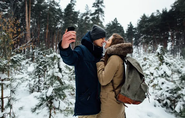 Winter, forest, girl, snow, trees, Park, hat, kiss