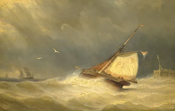Picture storm, boat, picture, sail, seascape, Stormy Sea with Sailing Vessels, Georges Johannes Hoffmann