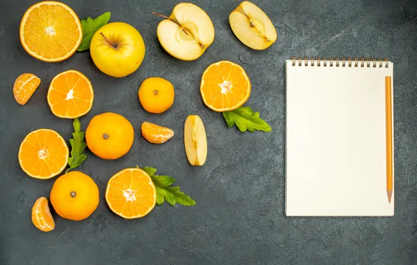 Apples, oranges, Notepad, tangerines