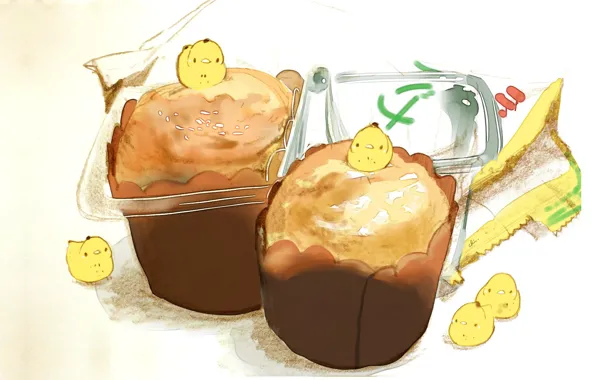 Picture container, characters, white background, bird, cupcakes, Rinok, by drawing chisanne