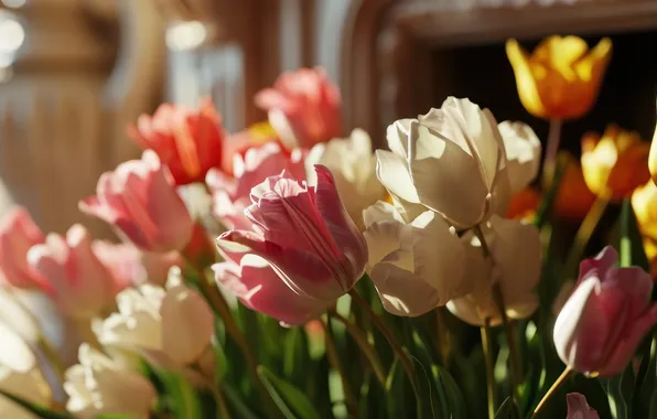 Light, flowers, holiday, bouquet, tulips, AI art, universal holiday background, neural network