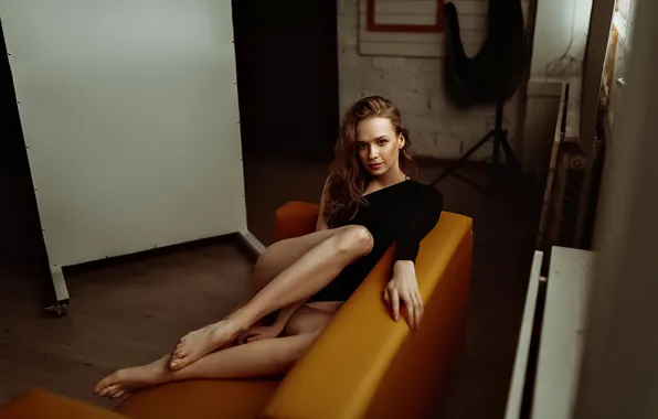 Legs, women, couch, pale, slim body, Sergei Tomashev, black bodysuit