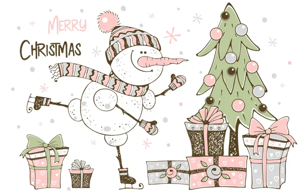 Winter, tree, Christmas, snowman, christmas, postcard, snowman