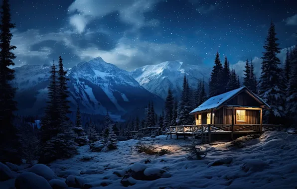 Picture winter, forest, snow, mountains, night, nature, house, house