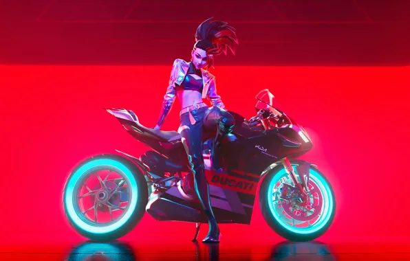 Girl, Ducati, Akali, Red Background, KDA