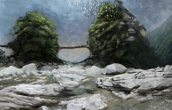 Picture trees, landscape, bridge, river, stones, rocks, bird, home